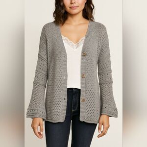 Cardigan M Grey Button Front Bell Sleeves Open Knit Cottagecore Coquette